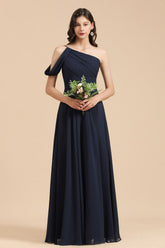 Long A-line Chiffon One Shoulder Bridesmaid Dress Dark Navy Wedding Party Dresses