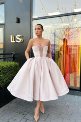 Short A-line Satin Formal Prom Dresses with Pockets