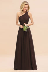 Elegant Chocolate A-line Chiffon Ruffles One Shoulder Long Bridesmaid Dress