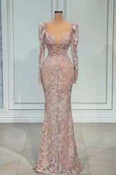 Sparkle Long Mermaid V-neck Tulle Lace Formal Dress with Sleeves