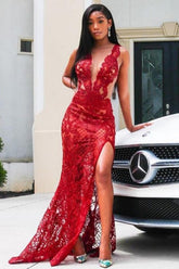 Sexy Long Appliques Lace Mermaid Floor Length Prom Dress With Side Slit