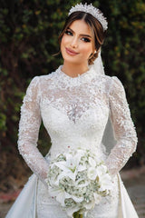 Long Sleeves High Neck Satin Lace Mermaid Wedding Dresses with Chapel Train