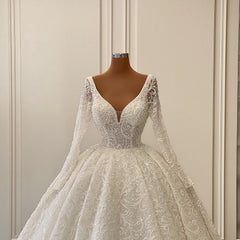 Charming V-neck Long Sleeves Ball Gown Floor Length Chapel Lace Wedding Dress