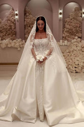 Gorgeous Long Off the Shoulder Lace Satin Wedding Dresses with Sleeves