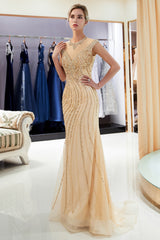 Long Jewel Tulle Mermaid Beading Sleeveless Formal Evening Dresses