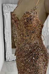 Mermaid Long Spaghetti Straps V Neck Backless Prom Dress with Slit