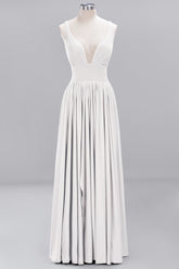 A-Line V-Neck Sleeveless Long Ruffles Bridesmaid Dress