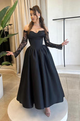 Black Long A-line Off the Shoulder Satin Prom Dresses with Lace Sleeves