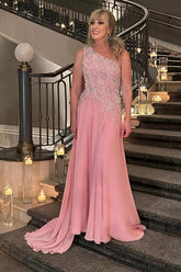 One Shoulder A-Line Chiffon Beaded Long Evening Dress with Appliques Lace