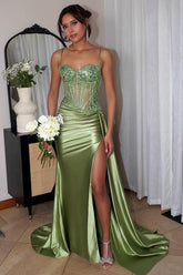 Mermaid Long Spaghetti Straps Sweetheart Satin Prom Dress with Slit