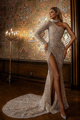 Long Sleeves One Shoulder Sequins Mermaid Prom Dress With Side Slit