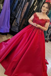 Long Ball Gown Off the Shoulder Satin Lace Plus Size Formal Dresses