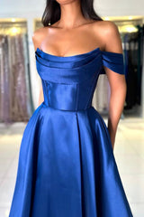 Long A-line Off The Shoulder Open Back Satin Floor Length Prom Dress