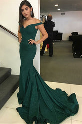 Dark Green Long Off the Shoulder Floor Length Mermaid Prom Dress