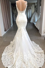 Long Sweetheart Open Back Appliques Lace Tulle Mermaid Wedding Dress