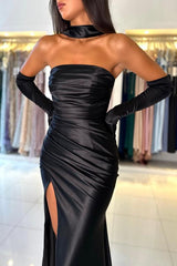 Black Long Mermaid Strapless Satin Prom Dresses with Slit
