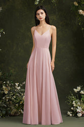 Elegant Long A-line V-neck Satin Backless Formal Evening Dress