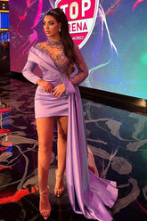 Short High Neck Long Sleeve Appliques Mermaid Satin Party Dress with Train