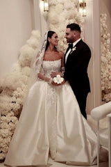 Gorgeous Long Off the Shoulder Lace Satin Wedding Dresses with Sleeves