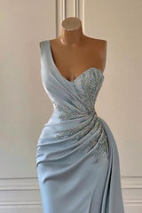 Long Mermaid One Shoulder Satin Beadings Prom Dresses with Slit