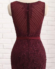 Burgundy Long Scoop Tulle Mermaid Formal Evening Dresses