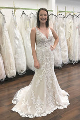 Long V-neck Wide Straps Lace Open Back Tulle Mermaid Wedding Dress