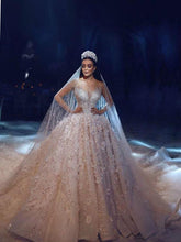 Luxury Long V Neck Ball Gown Tulle Lace Wedding Dresses with Sleeves