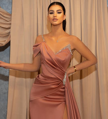 Elegant Long Mermaid One Shoulder High Slit Satin Formal Evening Dress