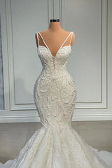 Modest Long Mermaid V-neck Lace Wedding Dresses with Beads