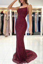Sexy Long Mermaid Spaghetti Straps Sequined Backless Prom Dress