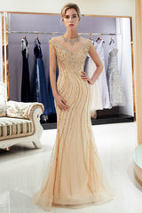 Long Jewel Tulle Mermaid Beading Sleeveless Formal Evening Dresses