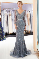 Long V-neck Tulle Mermaid Tulle Formal Evening Dress with Sleeves