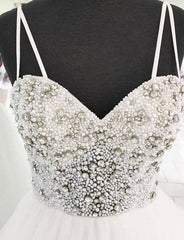 Elegant Long Spaghetti Straps Tulle A-line Beaded Wedding Dresses