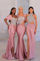 Mermaid Off The Shoulder Split Side Long Satin Prom Dress with Beads