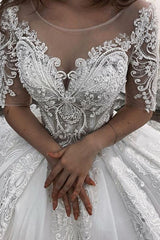Long Sweetheart Appliques Lace Tulle Ball Gown Wedding Dress with Short Sleeve