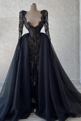 Long Black Ball Gown V-neck Satin Lace Prom Dresses with Sleeves