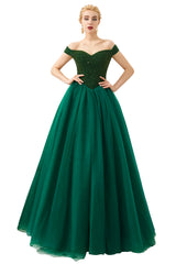 Long A-line Off the Shoulder Tulle Sequin Formal Dresses