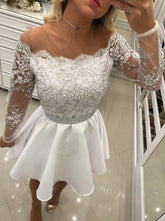 Short A Line White Lace Long Sleeves Chiffon Party Dresses