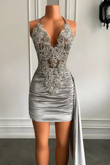 Sexy Short Mermaid V-neck Velvet Formal Party Dresses with Train