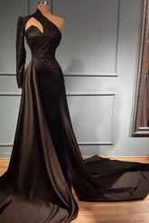 Elegant Long A-line One Shoulder Satin Black Prom Dress with Sleeves