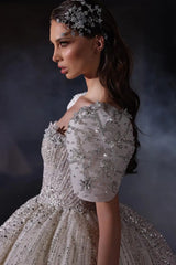 Gorgeous Long Ball Gown Square Neck Sequined Wedding Dresses with Short Sleeves