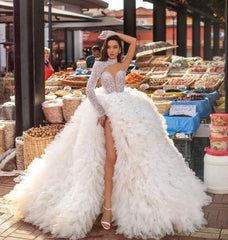 Sexy Long Ball Gown One Shoulder Feather Sequins Tulle Wedding Dress with Slit