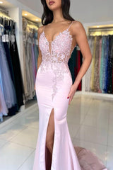 Long Mermaid V-Neck Sleeveless Satin Lace Prom Dresses with Slit