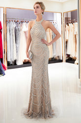 Long Halter Tulle Beading Mermaid Formal Evening Dresses