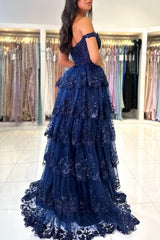 Long A Line Off-the-Shoulder Tulle Appliques Lace Prom Dress with Split Front