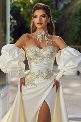 Elegant Long Mermaid Sweetheart Satin Lace Front Slit Wedding Dresses with Sleeves