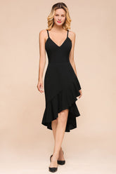 Simple High Low Ruffle Backless Mermaid Black Party Dress