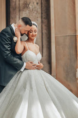 Elegant White Ball Gown Sweetheart Spaghetti Straps Satin Long Wedding Dresses