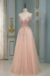 Long A-line V-neck Spaghetti Straps Backless Sequins Ruffles Tulle Prom Dress