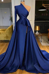 Long Mermaid One Shoulder Asymmetric Neckline Front Slit Prom Dresses with Sleeves